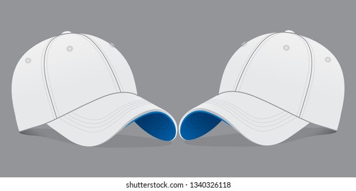 White Baseball Cap With Blue Under Visor Design on Gray Background, Vector File.