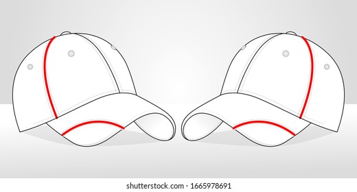 White Baseball Cap Design Vector With Red Piping Lines On Crown And Peak.