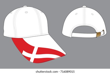 White Baseball Cap Design Vector Denmark Flag Embroidery On Brim Cap Vector, Strap Back With Brass Buckle. 