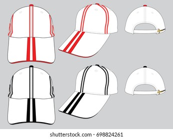 White Baseball Cap With Double Red-Black Lines, Adjustable Slider Metal Strap  Design On Gray Background.