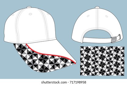 White Baseball Cap With Geometric Graphic Line On Brim Cap Patter, Adjustable Metal Buckle Back Closure Design On Gray Background
