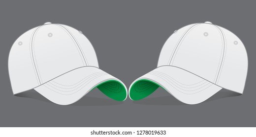 White Baseball Cap With Green Under Brim Cap Design On Gray Backgriund, Vector File.