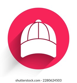 White Baseball cap icon isolated with long shadow. Sport equipment. Sports uniform. Red circle button. Vector