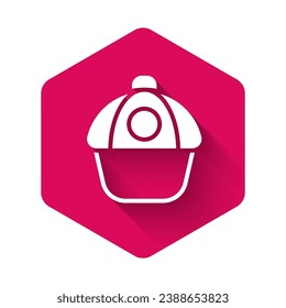 White Baseball cap icon isolated with long shadow background. Sport equipment. Sports uniform. Pink hexagon button. Vector
