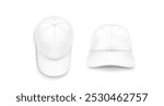 White baseball cap mockup front and top view. Realistic 3d vector illustration set of blank hat with visor template for corporate branding. Sport uniform accessory model. Summer textile headwear.