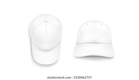 Vista frontal y superior de la maqueta de la gorra de béisbol blanca. Conjunto realista de Ilustración vectorial 3D de sombrero en blanco con Plantilla de visera para la marca corporativa. Modelo de accesorio de uniforme deportivo. Sombreros textiles de verano.