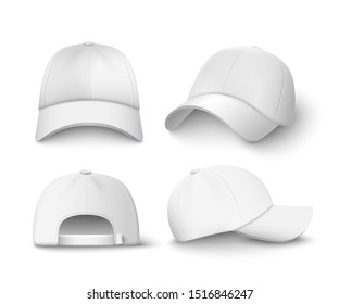 White baseball cap mockup set from front, side and back view isolated on white background - realistic cotton headwear collection for merchandise branding - vector illustration