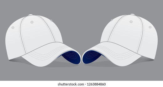 White Baseball Cap With Navy Blue Under Brim Cap Design On Gray Backgriund, Vector File.