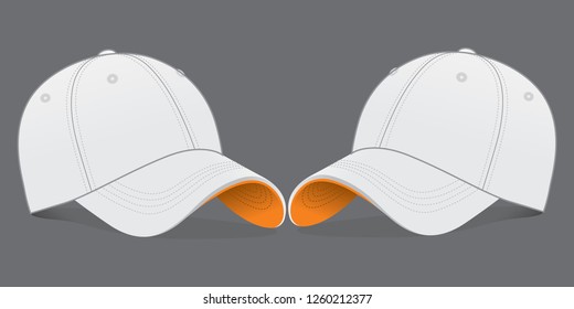 White Baseball Cap with Orange Under Visor Design on Gray Background, Vector File.