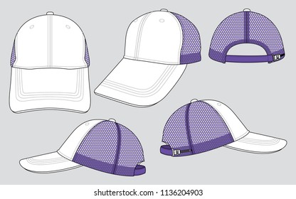 White Baseball Cap With Pueple Mesh At Side And Back Panels, Adjustable Slider Plastic Buckle Zip Closure Strap Design On Gray Background.