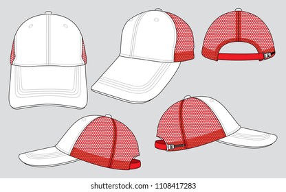 White Baseball Cap With Red Mesh At Side And Back Panels, Adjustable Slider Plastic Buckle Zip Closure Strap Design On Gray Background.