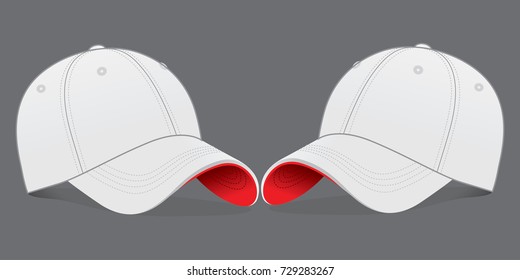 White Baseball Cap with Red Under Visor Design on Gray Background, Vector File.