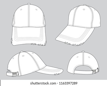 White Baseball Cap with Ripped Brim Cap, Metal Buckle Strap Back Template on Gray Background