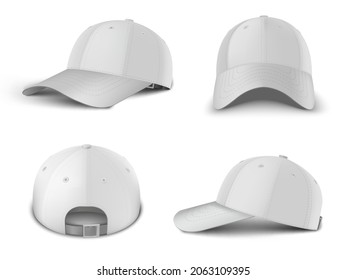 Perspectiva lateral de la gorra de béisbol blanco, frente, visión posterior realista conjunto de plantillas vectoriales.