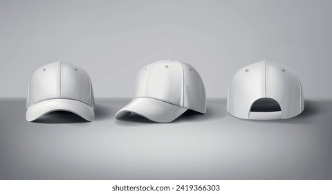 
Los gorros blancos de béisbol se burlan de un fondo gris, frente y espalda o lados diferentes. Para marca y publicidad.