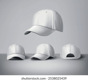 White baseball caps mock up with logo in gray background, front sides. For branding and advertising.