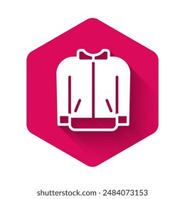 White Baseball t-shirt icon isolated with long shadow background. Baseball jersey, sport uniform, raglan t-shirt sport. Pink hexagon button. Vector