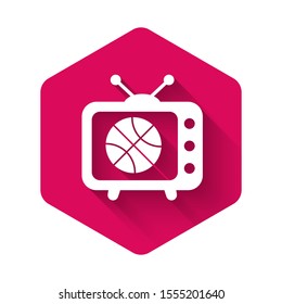 White Basketball match on tv program icon isolated with long shadow. Pink hexagon button. Vector Illustration