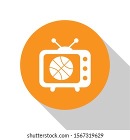 White Basketball match on tv program icon isolated on white background. Orange circle button. Vector Illustration