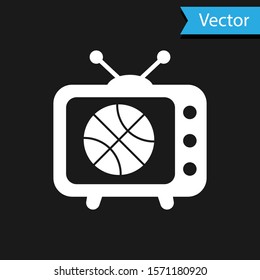 White Basketball match on tv program icon isolated on black background.  Vector Illustration