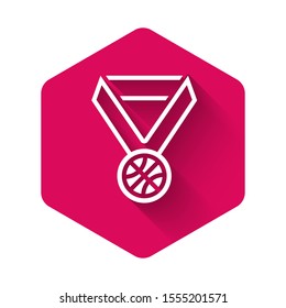 White Basketball medal with ribbon icon isolated with long shadow. Pink hexagon button. Vector Illustration