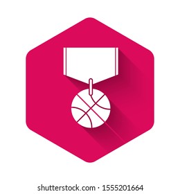 White Basketball medal with ribbon icon isolated with long shadow. Pink hexagon button. Vector Illustration