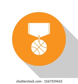 White Basketball medal with ribbon icon isolated on white background. Orange circle button. Vector Illustration