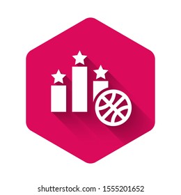 White Basketball over sports winner podium icon isolated with long shadow. Pink hexagon button. Vector Illustration