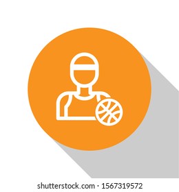 White Basketball player icon isolated on white background. Orange circle button. Vector Illustration