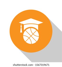 White Basketball training icon isolated on white background. Orange circle button. Vector Illustration