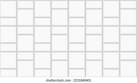 Fondo de baldosas de mimbre blanco. Textura de acera. La superficie de la pared de ladrillo de piedra o cerámica. Diseño de mosaicos con chispas de cocina. Ducha, cuarto de baño o inodoro en el suelo. Ilustración plana del vector