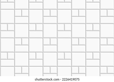 White basketweave tile mosaic layout. Stone or ceramic brick wall background. Kitchen backsplash texture. Bathroom, shower or toilet floor decoration. Causeway texture. Vector flat illustration