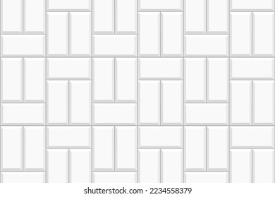 White basketweave tile texture. Stone or ceramic brick wall background. Kitchen backsplash seamless pattern. Shower or bathroom floor surface. Causeway mosaic layout. Vector flat illustration