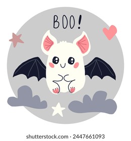 Сute white bat in clouds and text "Boo!" Hand drawn vector illustration of little bat for halloween. Isolated on white.