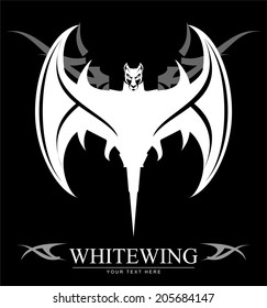 white bat spread out its wing. over the tribal ornament at the background
