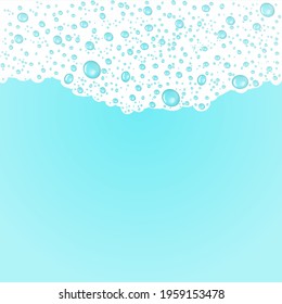 White bath foam with clear bubbles on blue background. Soap lather border pattern. Vector illustration. Template for design