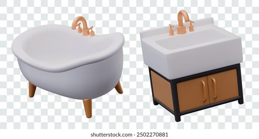 White bath with metal faucet, sink with cabinet below. Modern sanitary ware