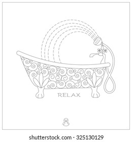 White bath in the old style, decorated with swirls and a shower with water jets. Concept of relaxation. Linear outline icon on white background. Vector illustration.