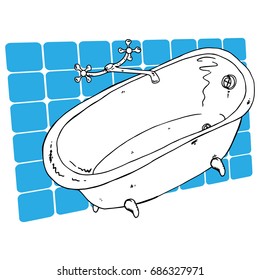 White bath on blue tiles background. Empty bath with a tap. Vector illustration.