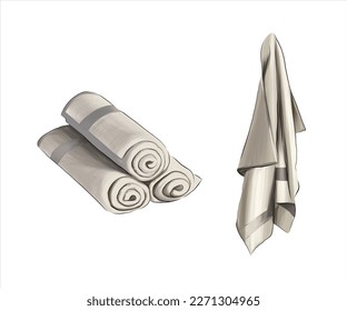 White bath textile items set. Cotton terry towels hanging, folded, stacked, rolled, color drawing, realistic. Vector illustration of paints