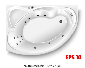 White bath top view. Ceramic plumbing, bubble . In 3D realistic style. Isolated on a white background. Vector illustration.