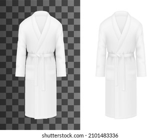 White bathrobe, realistic clothes of bath robe gown, vector mockup. Hotel and spa apparel template, shower robe of white soft cotton with belt, front man or woman wear on transparent background