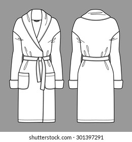 White bathrobe for women. Vector. Front and back.
