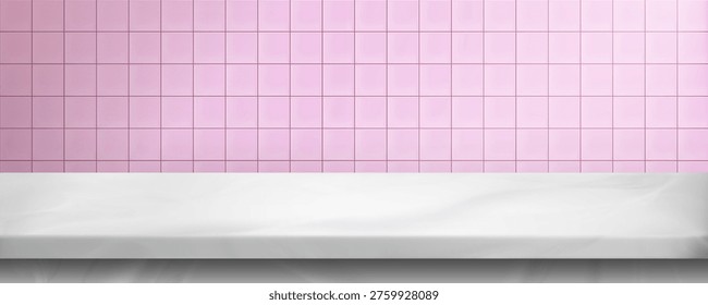 White bathroom shelf display with ceramic tile wall, realistic vector background. Modern 3D podium platform for product presentation, pink kitchen stone minimalist interior scene with clean surface