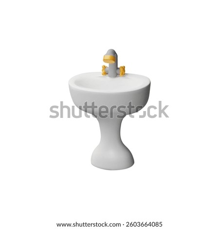 White bathroom sink basin with orange tap 3D plastic cartoon style icon. Realistic ceramic sink on a stand. Household equipment with faucet for washing with water. Vector render illustration