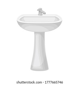 White Bathroom Sink Basin with Tap Isolated on White Background Vector Illustration