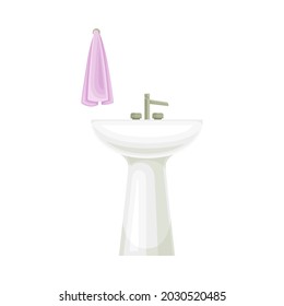 White Bathroom Sink Basin with Tap and Hanging Towel Vector Illustration