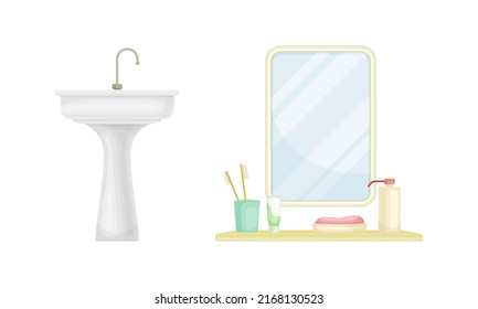 Cuenca de rosado del baño blanco con grifo y espejo con soporte aislado en fondo blanco conjunto de iluminación vectorial