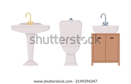 White Bathroom Sink Basin with Tap and Toilet Bowl Vector Set