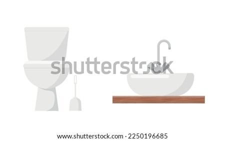 White Bathroom Sink Basin with Tap and Toilet Bowl Isolated on White Background Vector Illustration eps10